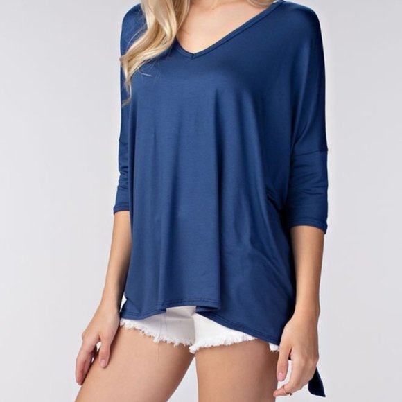 Spotlight Boutique Tops - Oversized V-neck Quarter Sleeve Hi-Low Top